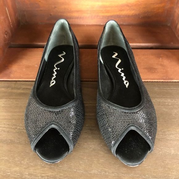 Nina Black Sequined Open Toe Kitten Heels - Picture 3 of 8